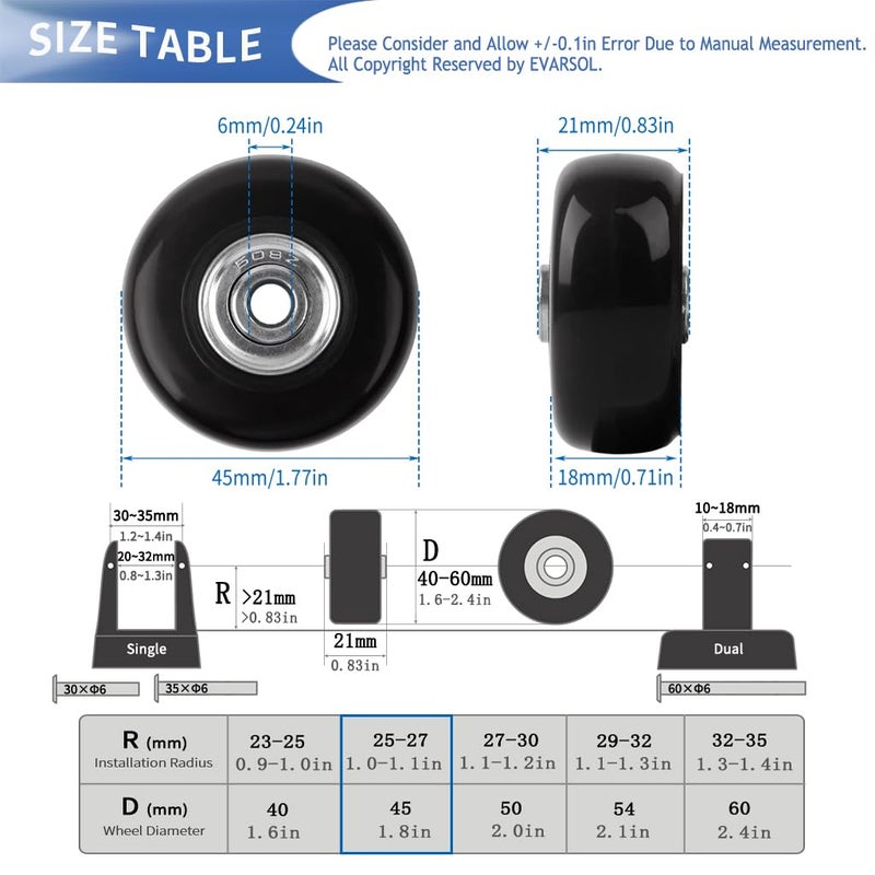 EVARSOL 45mm Set of 4 Luggage Suitcase Replacement Wheels for Trolley Case Wheels Travel Bags Caster Inline Roller Skating Roller Swivel Rubber Wheels Bearings Repair Kits with Axles 30mm&35mm&60mm - Image 3