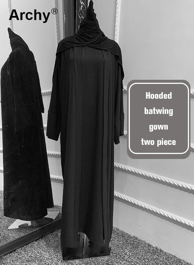 أرشي بدلة فضفاضة بغطاء للرأس للنساء كاجوال، محيط حاشية كبير، لون سادة، حزام مرن، تنورة أنيقة، فستان عبادة وطني كلاسيكي مكون من قطعتين - Image 4