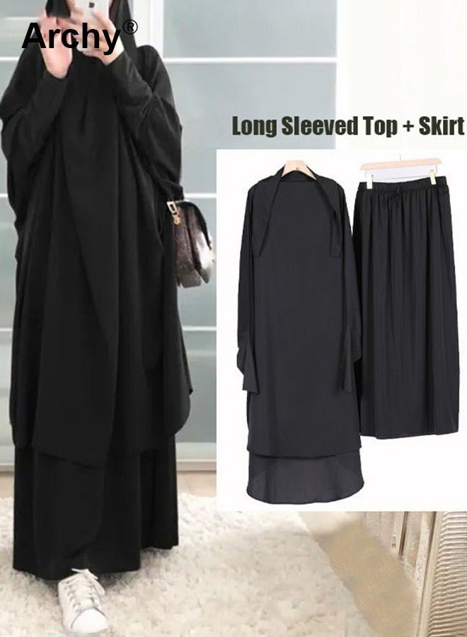 أرشي بدلة فضفاضة بغطاء للرأس للنساء كاجوال، محيط حاشية كبير، لون سادة، حزام مرن، تنورة أنيقة، فستان عبادة وطني كلاسيكي مكون من قطعتين - Image 2