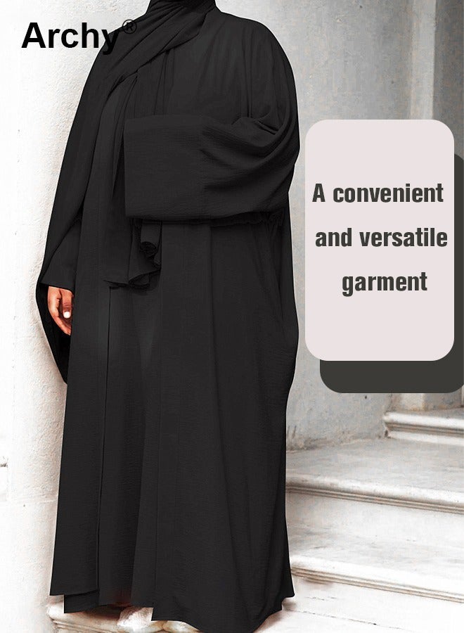أرشي بدلة فضفاضة بغطاء للرأس للنساء كاجوال، محيط حاشية كبير، لون سادة، حزام مرن، تنورة أنيقة، فستان عبادة وطني كلاسيكي مكون من قطعتين - Image 3