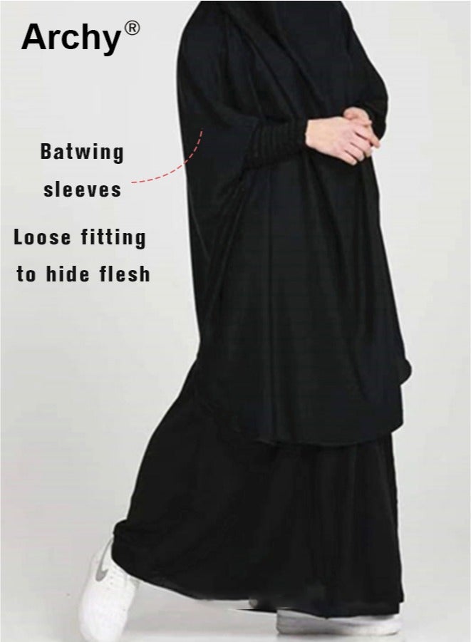 أرشي بدلة فضفاضة بغطاء للرأس للنساء كاجوال، محيط حاشية كبير، لون سادة، حزام مرن، تنورة أنيقة، فستان عبادة وطني كلاسيكي مكون من قطعتين - Image 5