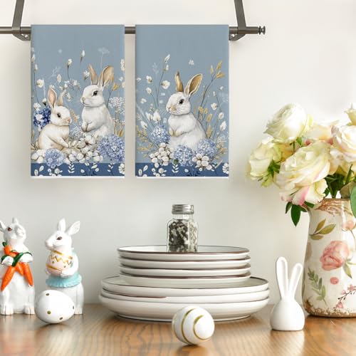 Artoid Mode Bunny Hydrangea Easter Kitchen Towels Dish Towels 18x26 Inch Spring Farmhouse Wild Flowers Decoration Hand Towels Set of 2 - Image 3