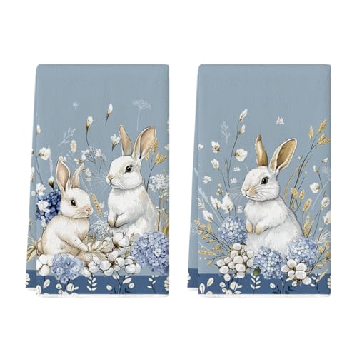 Artoid Mode Bunny Hydrangea Easter Kitchen Towels Dish Towels 18x26 Inch Spring Farmhouse Wild Flowers Decoration Hand Towels Set of 2 - Image 1