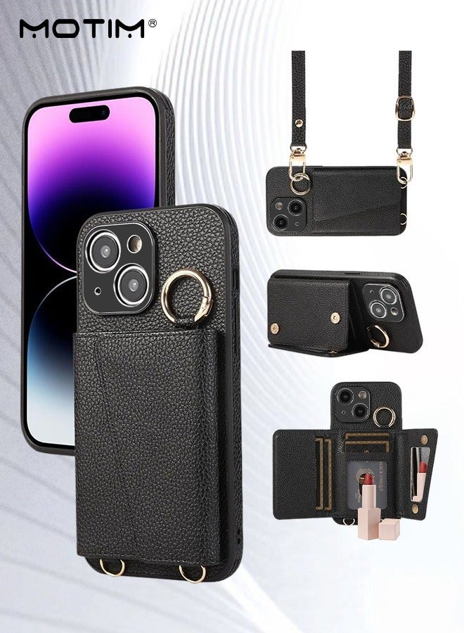 Motim Phone Case Crossbody for iPhone 15/15 Plus Wallet Case with Strap Card Slots and Makeup Mirror Premium Leather Shockproof Cover for Women - Image 1