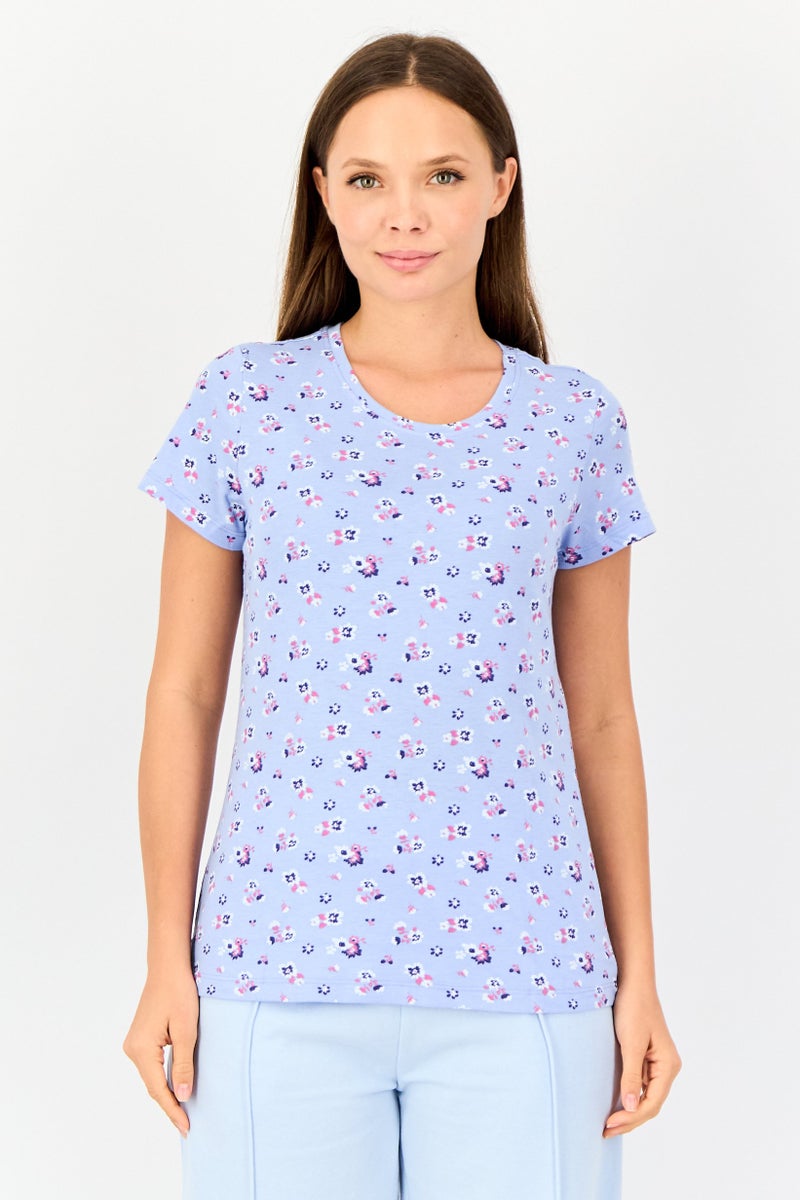 zivame Women 2 Pcs Crew Neck Allover Print Short Sleeve Sleepwear Set, Multicolor - Image 3