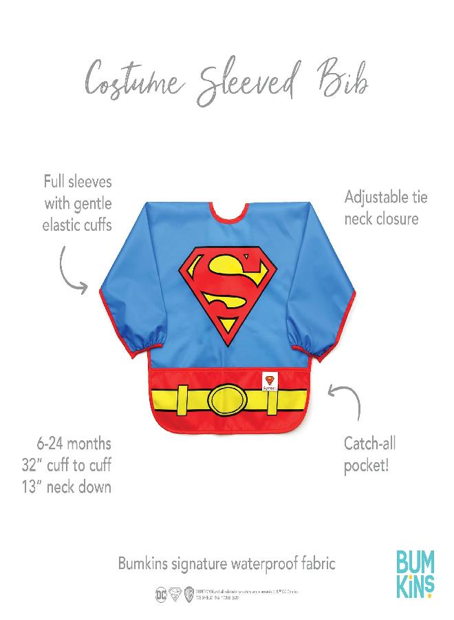 Bumkins Sleeved Bib for Girl or Boy, Baby and Toddler for 6-24 Mos, Essential Must Have for Eating, Feeding, Baby Led Weaning Supplies, Long Sleeve Mess Saving Food Catcher, Superman DC Comics - Image 4