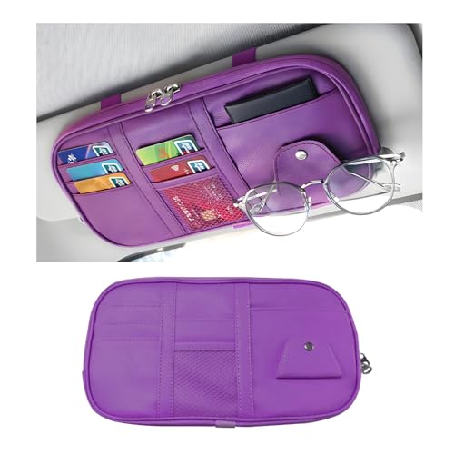 ZNDAW Car Sun Visor Organizer Leather MultiPocket Visor Organizer Pouch with Double Zippers Net Sunglass Holder Storage Pocket for License Pen Key Card Registration Document Purple - Image 1