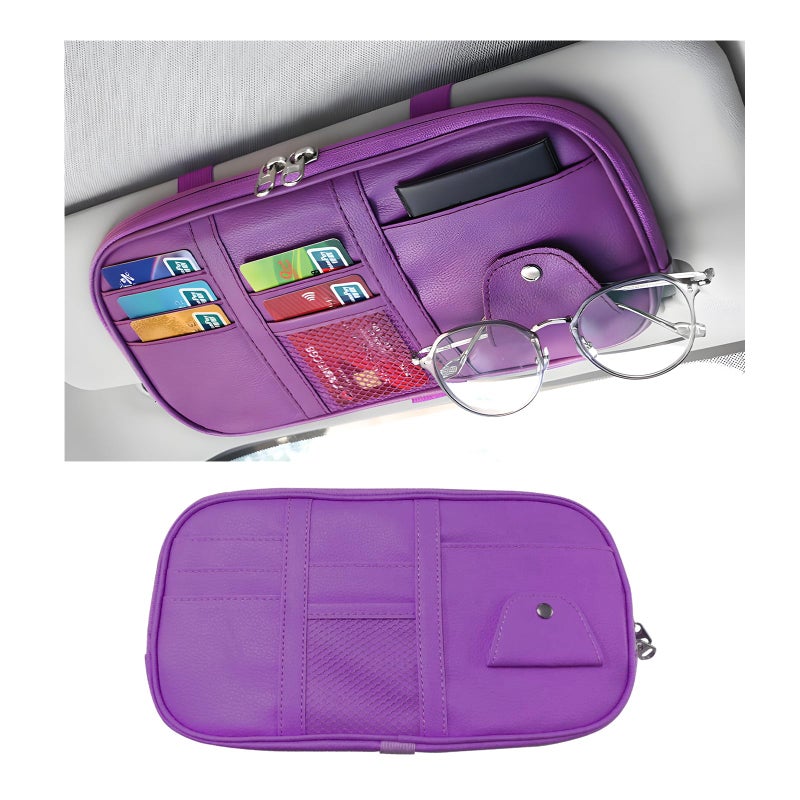 ZNDAW Car Sun Visor Organizer Leather MultiPocket Visor Organizer Pouch with Double Zippers Net Sunglass Holder Storage Pocket for License Pen Key Card Registration Document Purple - Image 3