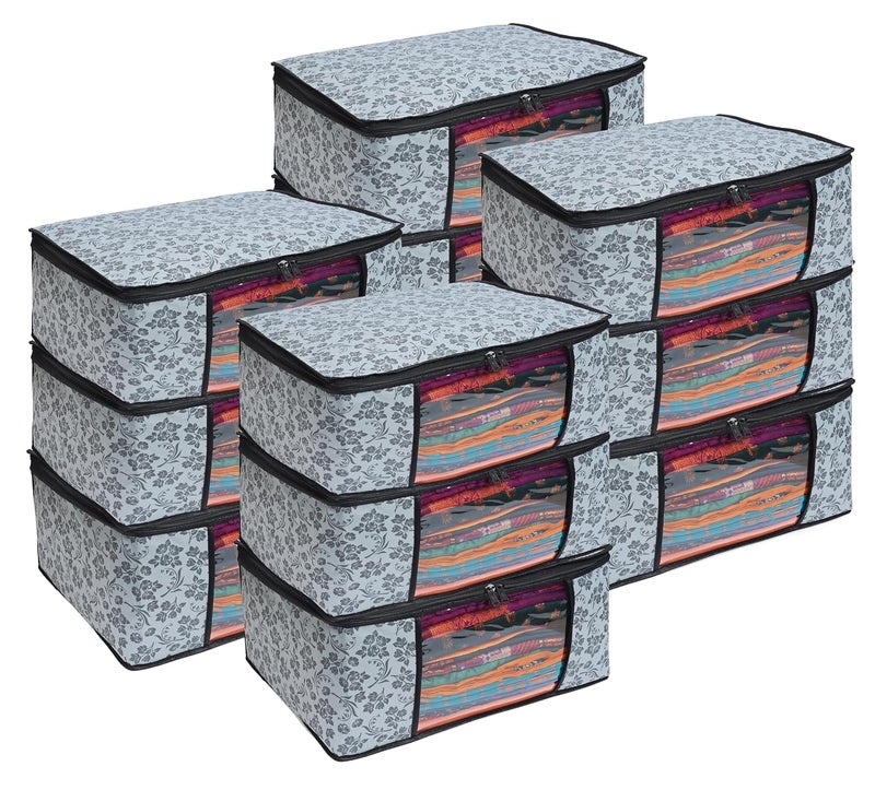 LAXIS ® Saree Covers With Zip Non-Woven Printed Saree Cover/Saree Organizer For Wardrobe/Cloth Storage With Transparent Window/Saree Bags Storage/Clothes Organizer (Grey- Pack of 12) - Image 1