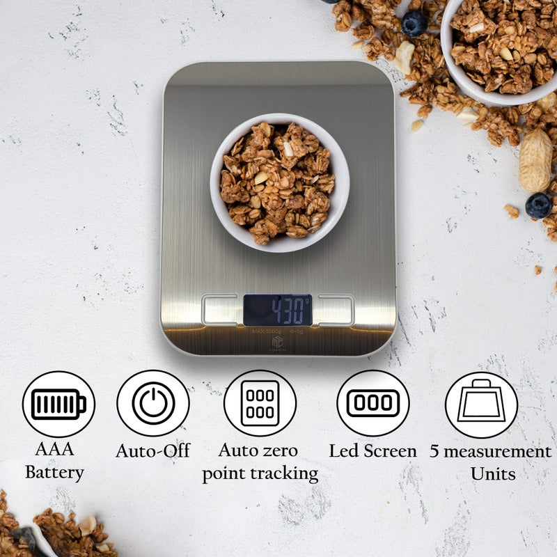 MSC Kitchen Scales Digital Electronic Coffee Weighing Scale for Cooking Baking High-Precision Food, Jewelry Weight Scales, LCD Display, Multifunctional, Tare Feature, Stainless Steel 5kg-AAA - Image 2