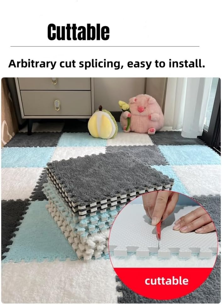 YISLEND 12Pcs Interlocking Carpet Tiles,12"x 12" Plush Interlocking Foam Carpet Tile with Border,Fluffy Play Mat Floor Tiles Thick Padded Squares Foam Tile for Playroom Decor (White+Navy) - Image 5