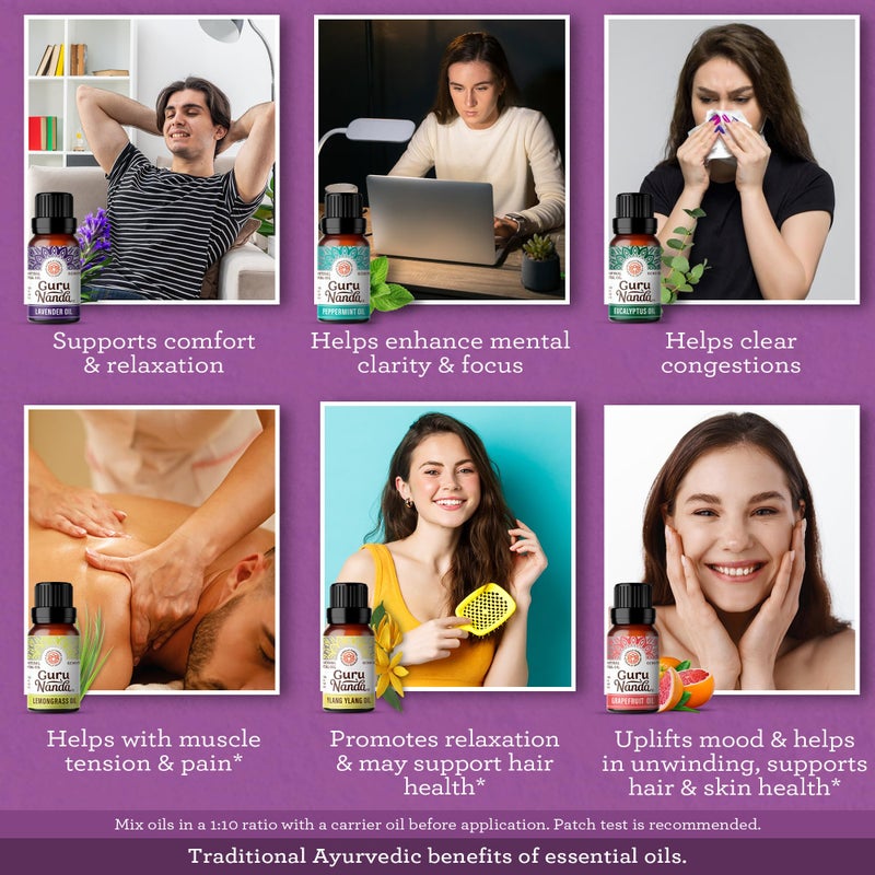 GuruNanda Essential Oils Set for Diffusers, 100% Pure, Aromatherapy, Massage, Candle & Soap Making Lavender, Peppermint, Eucalyptus, Grapefruit, Lemongrass, Ylang Ylang 0.33 Fl Oz (Pack of 6) - Image 5