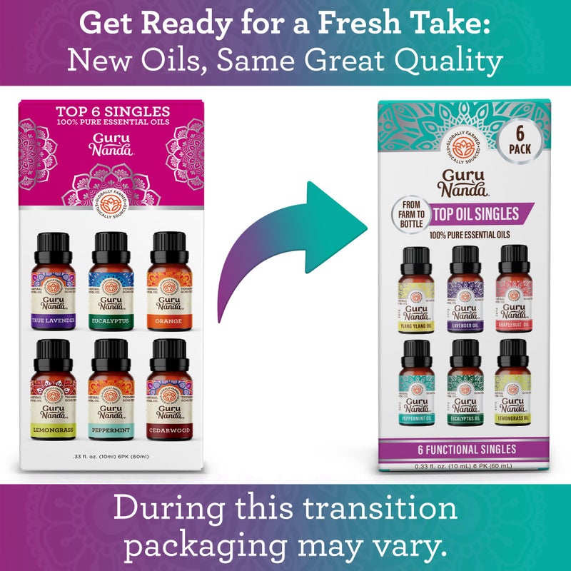 GuruNanda Essential Oils Set for Diffusers, 100% Pure, Aromatherapy, Massage, Candle & Soap Making Lavender, Peppermint, Eucalyptus, Grapefruit, Lemongrass, Ylang Ylang 0.33 Fl Oz (Pack of 6) - Image 2