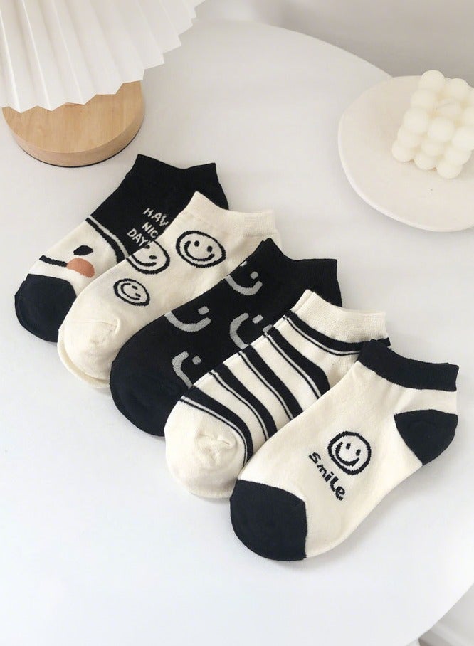5 Pairs Cartoon Smiley Face Crew Socks Casual Cute Short socks Fashion Ankle Socks White Black for Girl Women  - Image 4