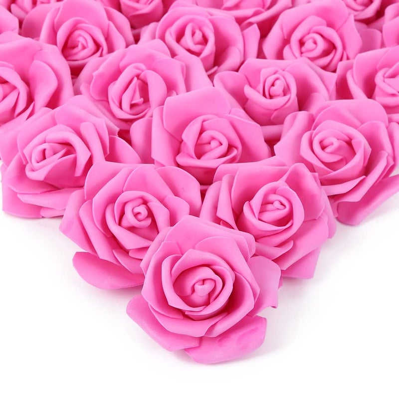 IPOPU Artificial Rose Flower Heads 100pcs Real Looking Hot Pink Foam Fake Roses for DIY Wedding Baby Shower Centerpieces Arrangements Party Tables Home Decorations Hot Pink Stemless