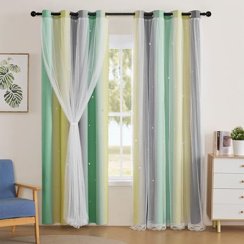 XiDi Curtains for Bedroom Decor Rainbow GreenYellowGrey34961 - Image 1