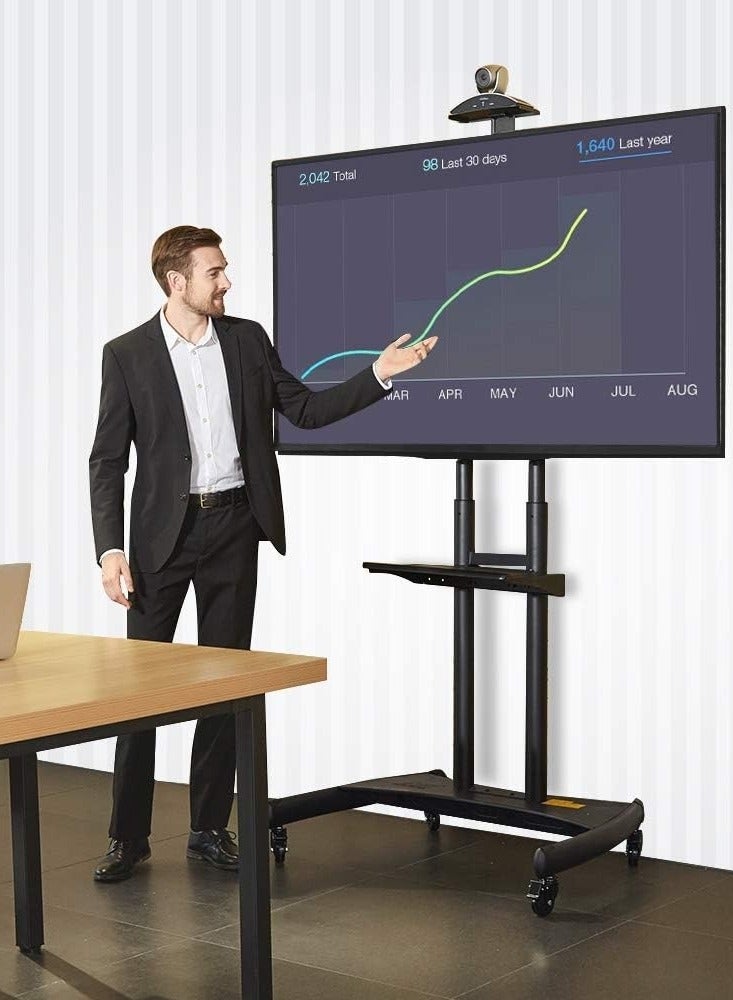 NB ERGONOMIC Heavy Duty Mobile TV Cart for 55–90 Inch Flat Panel TVs, Holds up to 90.9 kg, Rolling Stand with Lockable Wheels, Adjustable Height, Camera Tray, AV Shelf, VESA 200x200–800x500mm, Black | AVA1800-70-1P - Image 2