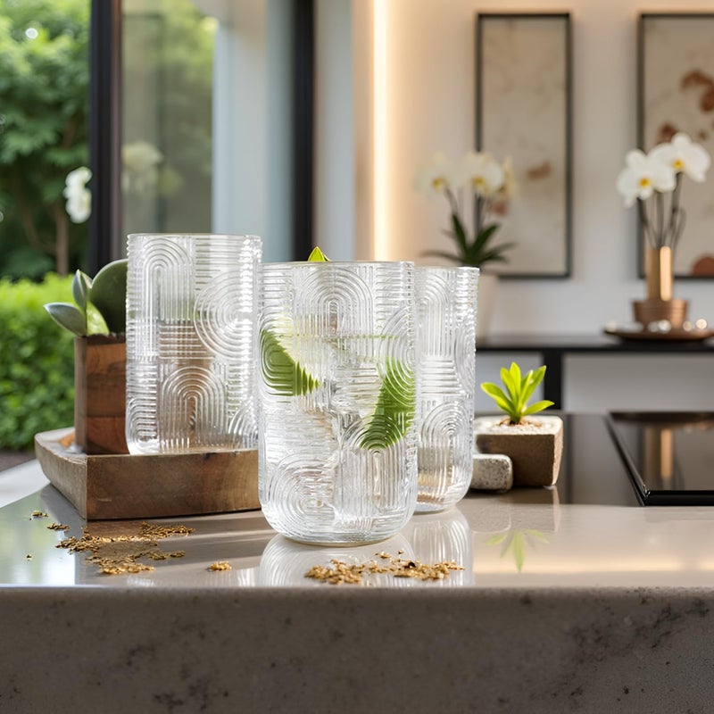 Glaver's Drinking Glasses, Highball Glasses, 17 Ounce Thick Embossed Designed, Set of 4 Clear Kitchen Glassware For Everyday Elegant Serving Coolers, Urban Pattern Modern Drinking Glasses - Image 4