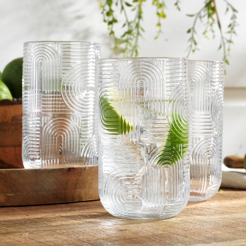 Glaver's Drinking Glasses, Highball Glasses, 17 Ounce Thick Embossed Designed, Set of 4 Clear Kitchen Glassware For Everyday Elegant Serving Coolers, Urban Pattern Modern Drinking Glasses - Image 2