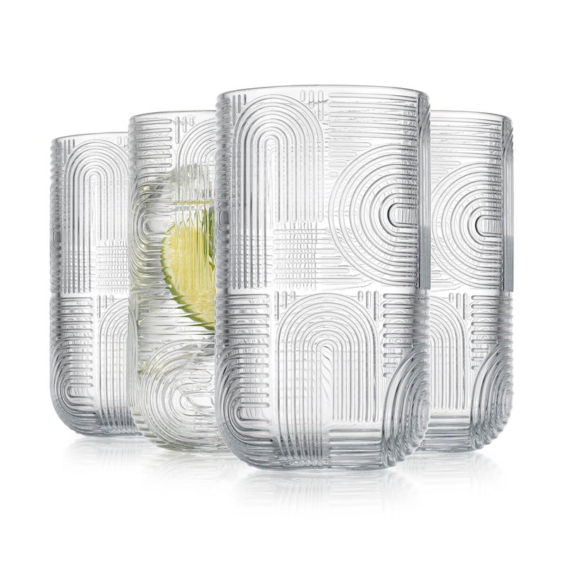 Glaver's Drinking Glasses, Highball Glasses, 17 Ounce Thick Embossed Designed, Set of 4 Clear Kitchen Glassware For Everyday Elegant Serving Coolers, Urban Pattern Modern Drinking Glasses - Image 1