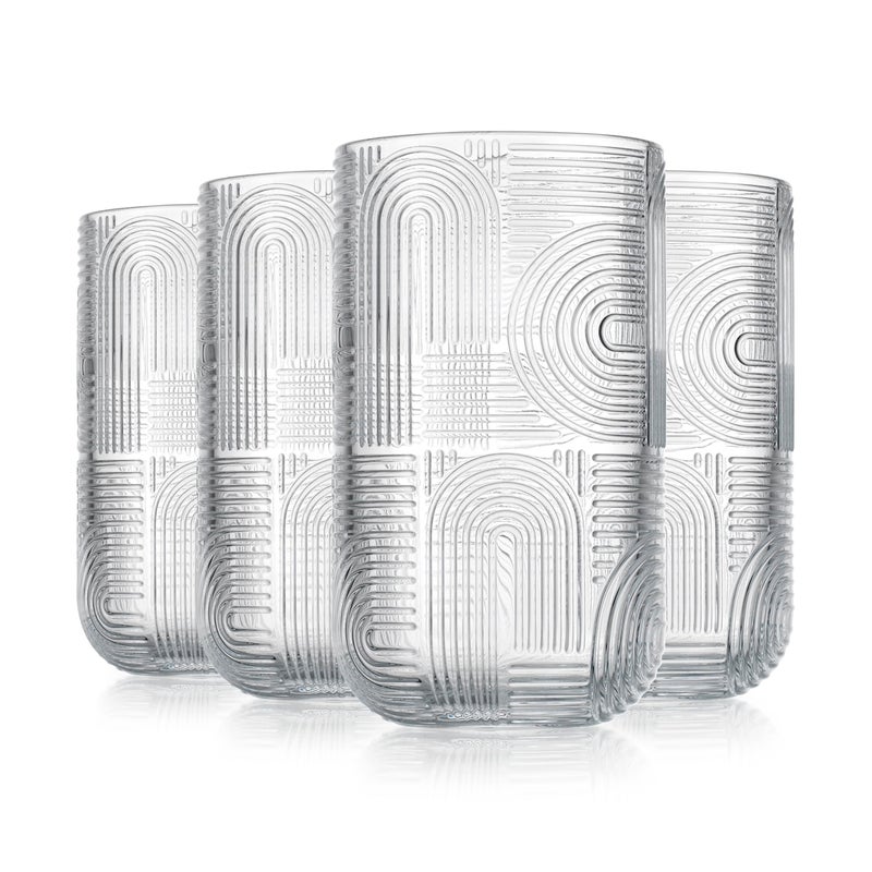 Glaver's Drinking Glasses, Highball Glasses, 17 Ounce Thick Embossed Designed, Set of 4 Clear Kitchen Glassware For Everyday Elegant Serving Coolers, Urban Pattern Modern Drinking Glasses - Image 5