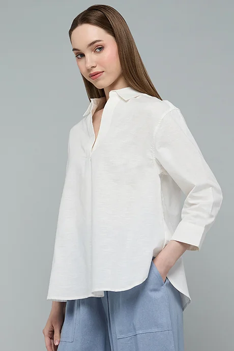 أر أند بي Solid Shirt with Classic Collar and 3/4 Sleeves