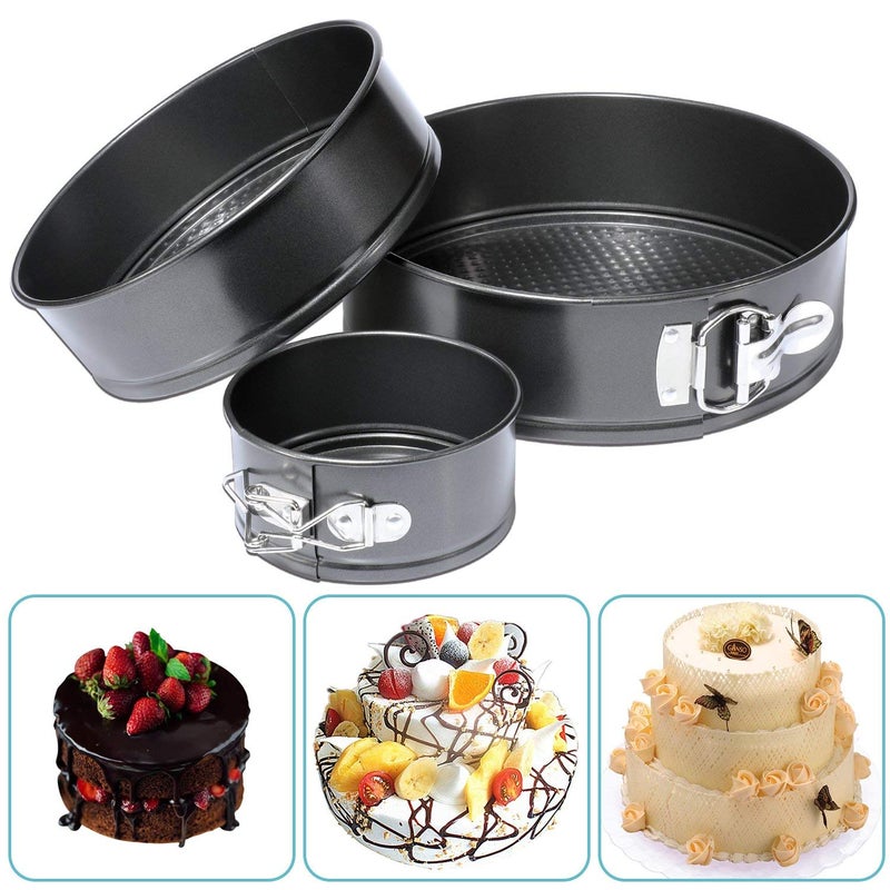 WENGTY Carbon Steel 3Pcs Different Shape Cake Mould Coated Spring Form Cake Pan Set Baking Tray Removable Cake Moulds Can be Used Microwave Oven OTG Black - Image 4