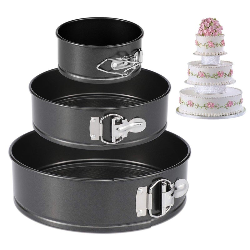 WENGTY Carbon Steel 3Pcs Different Shape Cake Mould Coated Spring Form Cake Pan Set Baking Tray Removable Cake Moulds Can be Used Microwave Oven OTG Black - Image 1