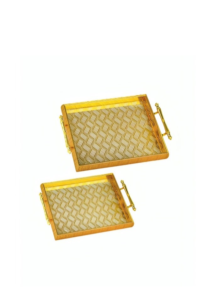 BASURRAH 2-Piece Gold Engraved Rectangular Serving Tray Plate Set  - Image 2