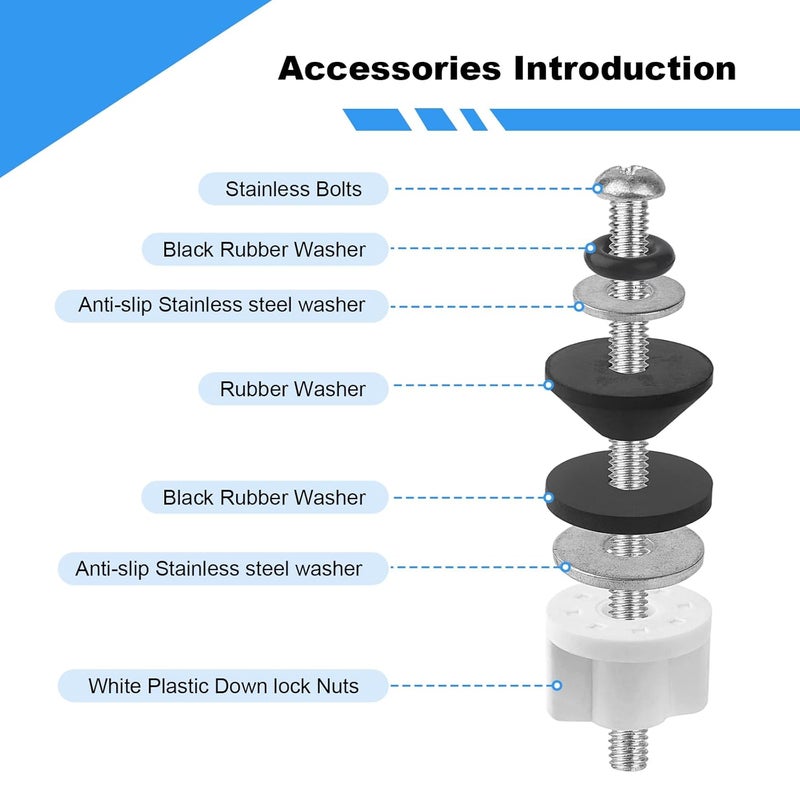 QDOCURO Universal 4 Pcs Toilet Seat Hinge Bolts Kit, Waterproof Stainless, Heavy Duty Toilet Bolts and Rubber Washers Gaskets with Extra Long Nut White Plastic Down Lock Screw for Fastening - Image 4