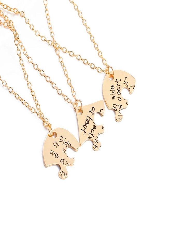 Meiligo® Retro 3 Pcs Best Friends Forever Gift Side by Side Or Miles Apart Letter Puzzle Dog Tag Necklace Heart Matching Engraved Letter Jewelry (Gold) - Image 2