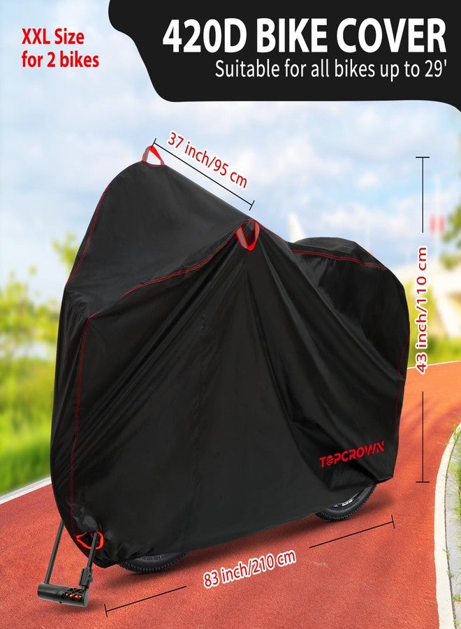 Topcrown Bike Cover Waterproof Outdoor Storage for 2 Bikes, Bicycle Cover Rain Sun UV Dust Wind Proof with Storage Bag for Mountain Road Bike/Ebike (420D Black+Red, XXL Size for 2 bikes) - Image 2