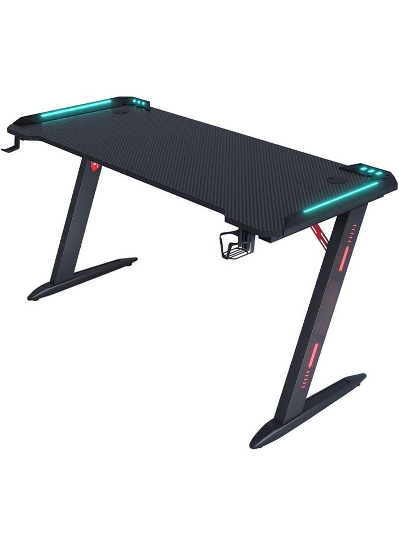 GT-Wheel - Ergonomic Gaming Desk with RGB LED Lights Computer Gamer Table with Carbon Fiber Desktop and Cup Holder & Headphone Hook - Image 1