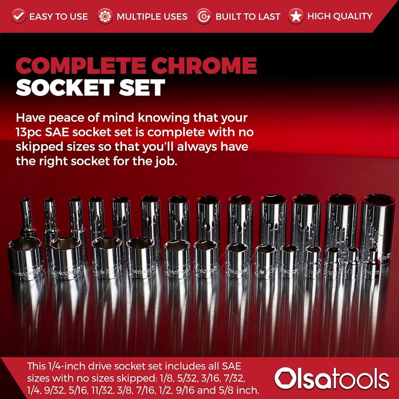 Olsa Tools SAE Deep Socket Set - 1/4-Inch Drive, 13pc - 6-Point Chrome Sockets from 1/8" to 5/8" and No Skipped Sizes - Mechanic Deep SAE Socket Set - Professional Grade Long Sockets - Part: 1329 - Image 2