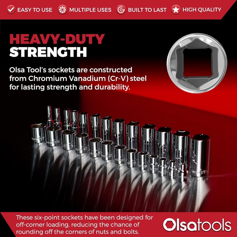 Olsa Tools SAE Deep Socket Set - 1/4-Inch Drive, 13pc - 6-Point Chrome Sockets from 1/8" to 5/8" and No Skipped Sizes - Mechanic Deep SAE Socket Set - Professional Grade Long Sockets - Part: 1329 - Image 4