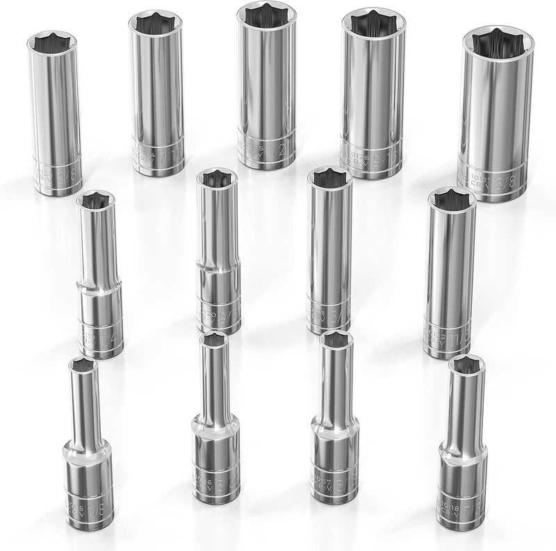 Olsa Tools SAE Deep Socket Set - 1/4-Inch Drive, 13pc - 6-Point Chrome Sockets from 1/8" to 5/8" and No Skipped Sizes - Mechanic Deep SAE Socket Set - Professional Grade Long Sockets - Part: 1329 - Image 1