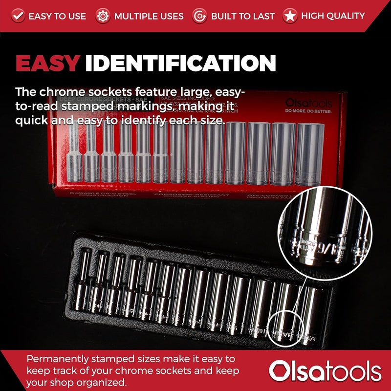 Olsa Tools SAE Deep Socket Set - 1/4-Inch Drive, 13pc - 6-Point Chrome Sockets from 1/8" to 5/8" and No Skipped Sizes - Mechanic Deep SAE Socket Set - Professional Grade Long Sockets - Part: 1329 - Image 3