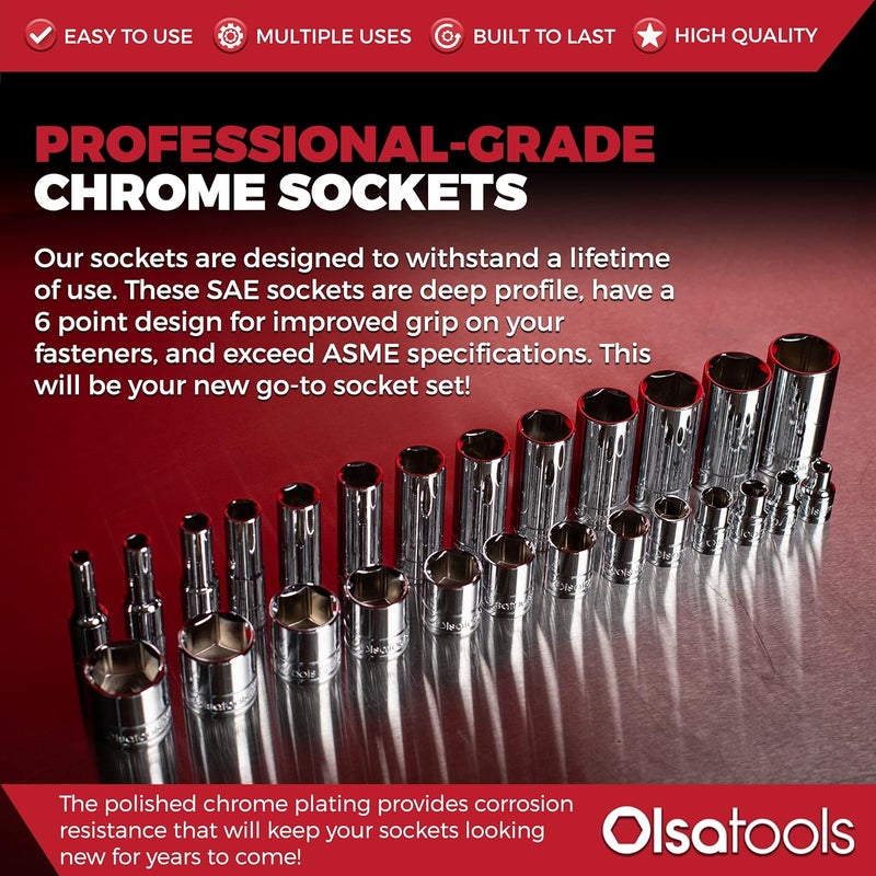 Olsa Tools SAE Deep Socket Set - 1/4-Inch Drive, 13pc - 6-Point Chrome Sockets from 1/8" to 5/8" and No Skipped Sizes - Mechanic Deep SAE Socket Set - Professional Grade Long Sockets - Part: 1329 - Image 5