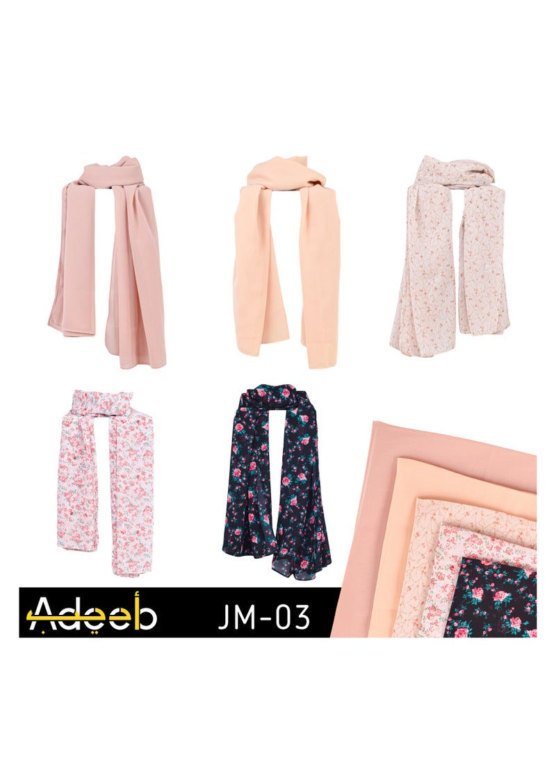 ADEEB-5 Pieces Hijab Scarfs - Premium Quality Chiffon, Soft and Lightweight. Solid and Printed Unique Hijab Gift Box - Image 2