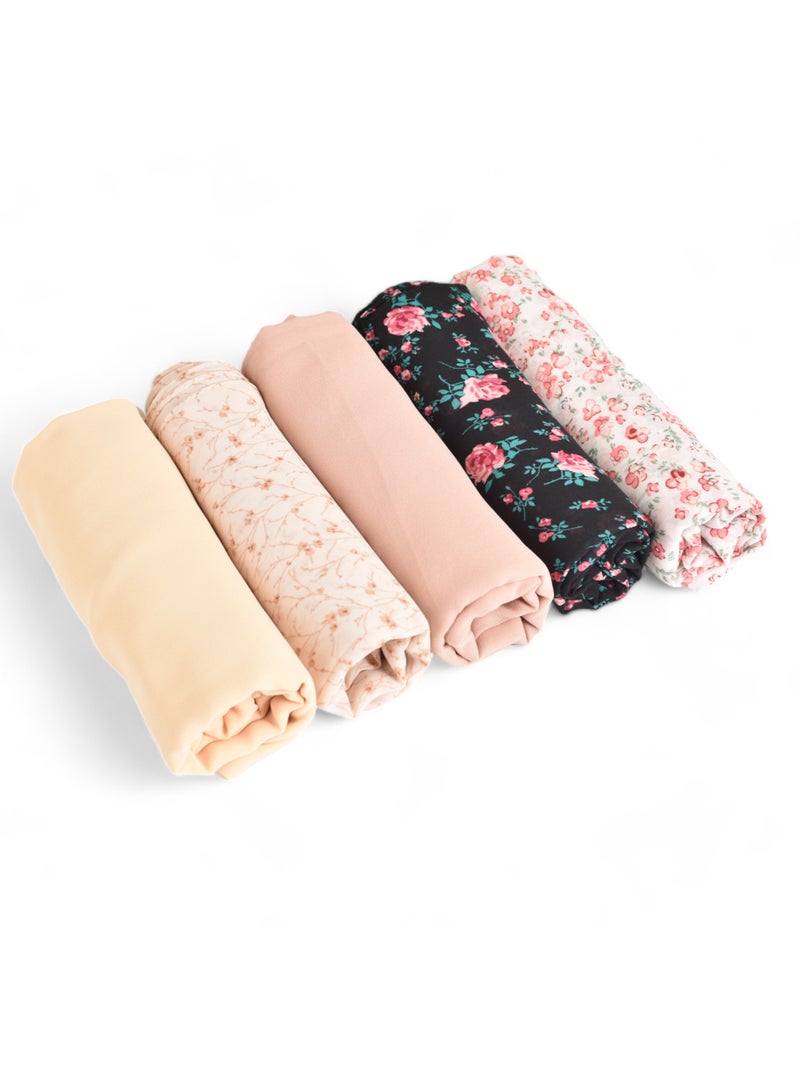 ADEEB-5 Pieces Hijab Scarfs - Premium Quality Chiffon, Soft and Lightweight. Solid and Printed Unique Hijab Gift Box - Image 1