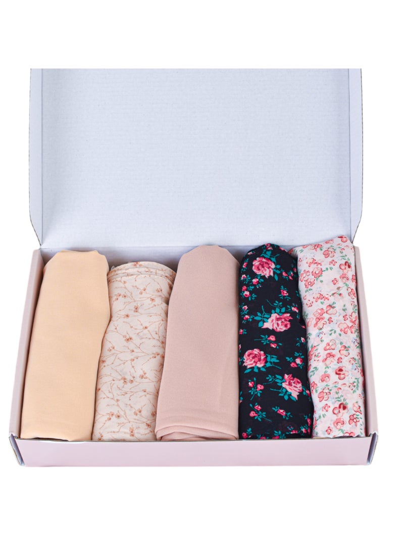 ADEEB-5 Pieces Hijab Scarfs - Premium Quality Chiffon, Soft and Lightweight. Solid and Printed Unique Hijab Gift Box - Image 4