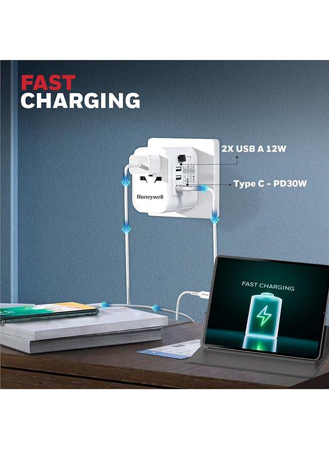 هوني ويل محول السفر العالمي العالمي مع منافذ 2xUSB، منفذ 1xTypeC PD30W، شاحن حائط عالمي 4 في 1 للاتحاد الأوروبي والولايات المتحدة والمملكة المتحدة والصين، مثالي لأجهزة الكمبيوتر المحمول والهواتف المحمولة والكاميرات، ضمان الشركة المصنعة لمدة 3 سنوات - Image 2