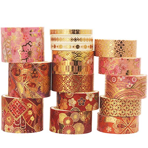 YUBBAEX Splendid Gold Washi Tape Set Embroidery Pattern Foil Decorative Tapes for Arts, DIY Crafts, Journal Supplies, Planners, Scrapbook, Gift Wrapping 15 Rolls (Fierce Flowers) - Image 1