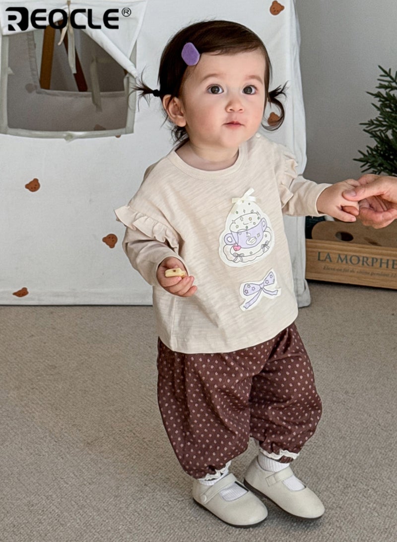 REOCLE Girl's Bow Decoration T-shirt with Soft Cotton and Autumn Comfort Fashion Top with Elegant Design for Casual Wear - Image 3