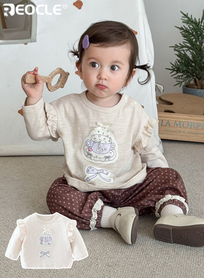 REOCLE Girl's Bow Decoration T-shirt with Soft Cotton and Autumn Comfort Fashion Top with Elegant Design for Casual Wear - Image 2