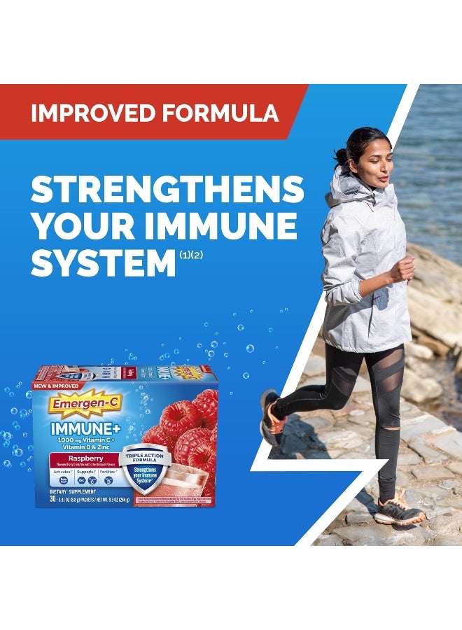 Emergen-C Immune+ 1000Mg Vitamin C Powder, With Vitamin D, Zinc, Antioxidants And Electrolytes For Immunity, Immune Support Dietary Supplement, Raspberry Flavor - 30 Count/1 Month Supply - Image 2