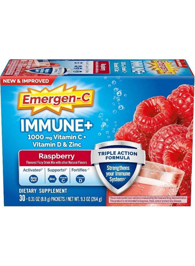Emergen-C Immune+ 1000Mg Vitamin C Powder, With Vitamin D, Zinc, Antioxidants And Electrolytes For Immunity, Immune Support Dietary Supplement, Raspberry Flavor - 30 Count/1 Month Supply - Image 1