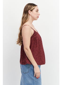 promod Women Tie Neck Sleeveless Allover Print Tank Top, Maroon  - Image 3