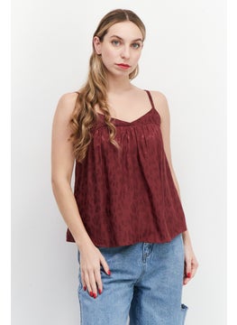promod Women Tie Neck Sleeveless Allover Print Tank Top, Maroon  - Image 1