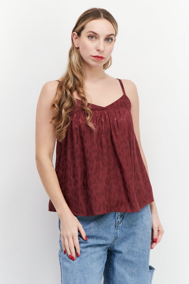 promod Women Tie Neck Sleeveless Allover Print Tank Top, Maroon - Image 1